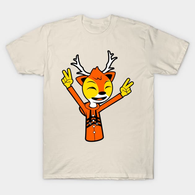 Happy Golden Reindeer With Two Raised Peace Hand Signs T-Shirt by MOULE